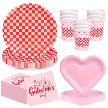 Imagem de Conjunto de utensílios de mesa para festa do dia de Galentine, 100 peças, rosa, coração, coração, guardanapos, copos, pratos xadrez vermelho e rosa para decoração de festa do dia de Galentine, festa