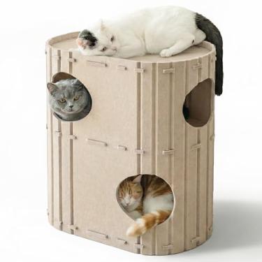Imagem de PETKARAY Casa de feltro para gatos de 2 andares, caverna de cama grande para gatos internos, túnel de feltro para condomínio esconderijo para famílias com vários gatos, 60 x 56 x 30 cm, bege