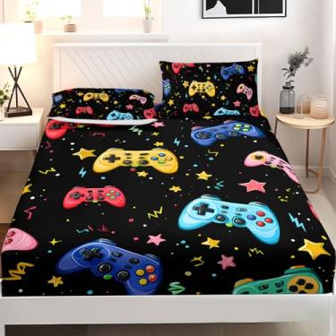 Imagem de AILONEN Jogo de lençol casal com gamepad, desenho animado de videogame, para crianças, adolescentes, meninos, lençol com elástico, 3 peças, 1 bolso profundo e 2 fronhas, microfibra macia