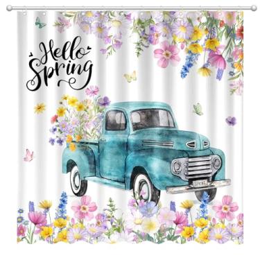 Imagem de Fitumiw Hello Spring Cortina de chuveiro 182,88 cm x 182,88 cm Spring Truck Easter Home Decorações de banheiro colorido floral conjunto de cortina de banheira com 12 ganchos