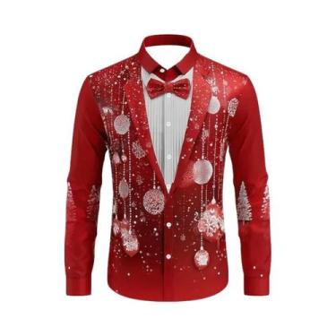 Imagem de Camisa Masculina De Natal De Manga Longa Com Lapela Casual Moda Festa 