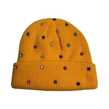 Imagem de Gorro De Tricô Feminino Com Strass Brilhante, Chapéu Macio Para Outono