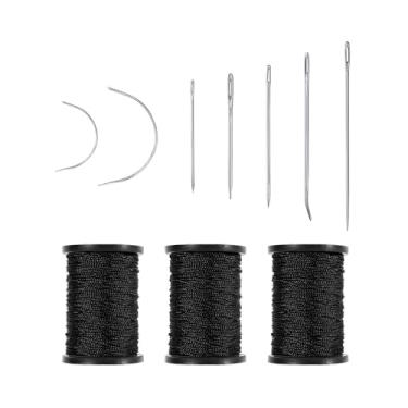 Imagem de 3 rolos de linha encerada com 7 peças de agulhas de costura à mão, kit de linha e agulhas para estofamento doméstico sacos de lona para reparo e costura de sofá de carpete (preto)