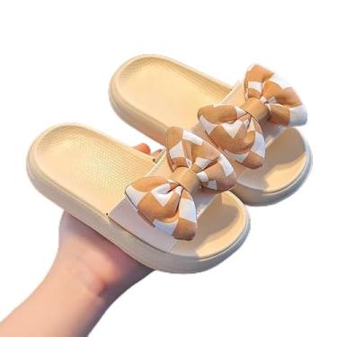 Imagem de Chinelos infantis com laço – sapatos fofos com sola antiderrapante para meninas, chinelos de uso interno, Bege, 9-9.5 Toddler