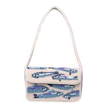 Imagem de Indian Shelf Bolsas de ombro premium feitas à mão com contas de peixe de praia para mulheres, meninas - Bolsa feminina para noite branca e azul (com caixa)