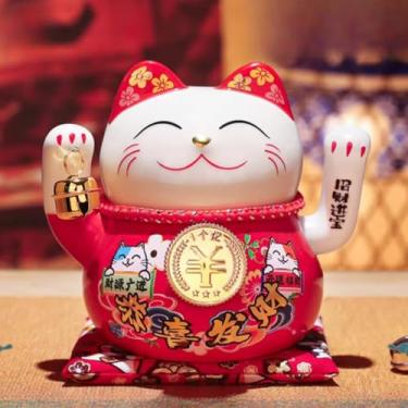 Imagem de FENNYYAR Sino de mão de cerâmica vermelho braço acenando gato da sorte, 15 cm, ornamento de mesa estátua de gato da sorte