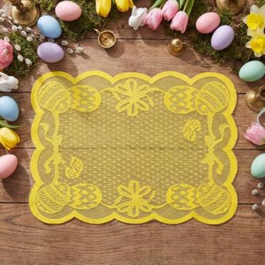 Imagem de Artoid Mode Jogo americano de renda de ovos amarelos de Páscoa, conjunto de 4, tapetes de mesa de 30 x 45 cm para decoração de mesa de jantar de festa de aniversário de casamento