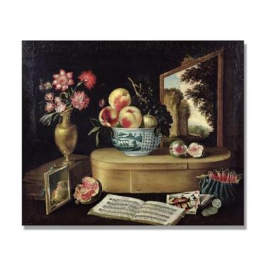 Imagem de NHLDZYH Tela vintage de frutas mortas, impressão de estilo de pintura a óleo vintage, decoração de jantar de fazenda rural. A16. 50 x 60 cm. Somente tela