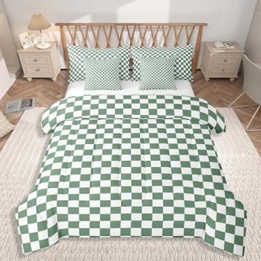 Imagem de jejeloiu Jogo de cama quadriculado quadriculado, 7 peças, solteiro, clássico, xadrez, com lençol para meninos, meninas, verde e branco, macio e leve em microfibra