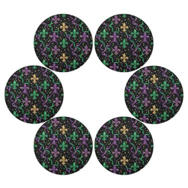 Imagem de Wassud Jogo americano conjunto de 6 tapetes redondos de carnaval flor de lis para cozinha e jantar tapetes laváveis resistentes ao calor decoração de mesa 39 cm
