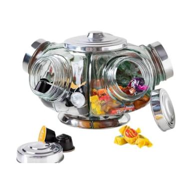 Imagem de Baleiro Giratório Retrô de Vidro, Grande 39cm, com 6 Compartimentos e Tampa em ALUMÍNIO