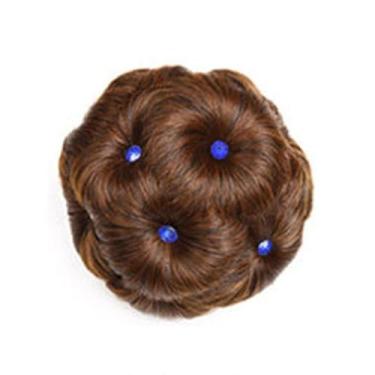 Imagem de Coque sintético de cristal Scrunchie moderno coque de donut encaracolado vintage flores naturais postiços de cabelo feminino (marrom claro-azul)