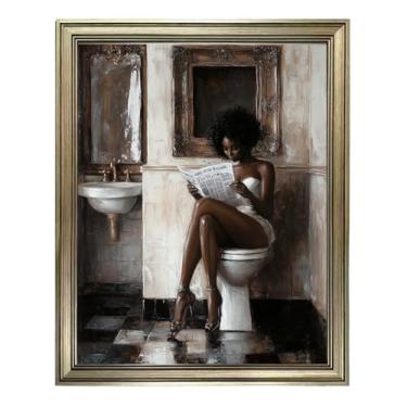 Imagem de Arte de parede de mulher negra, quadro de banheiro emoldurado para parede, decoração de arte de banheiro afro-americana, impressão de arte de menina negra, pintura a óleo