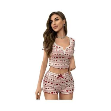 Imagem de Conjunto De Pijama Feminino Com Estampa De Coração, Top Cropped De Man