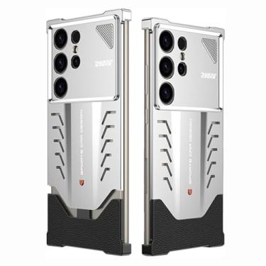 Imagem de HUHUCASE Capa para celular Samsung S24/25 Ultra, liga de alumínio, couro nappa, fivela de encaixe, capa protetora de elemento supercarro (prata, Samsung S24 Ultra)