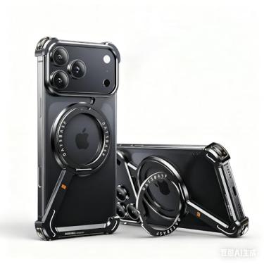 Imagem de HUHUCASE Capa de titânio natural para iPhone 17 Pro Max de 6,9 polegadas, suporte magnético giratório de 360°, capa protetora à prova de choque em forma de Z de alumínio e metal sem moldura (preta