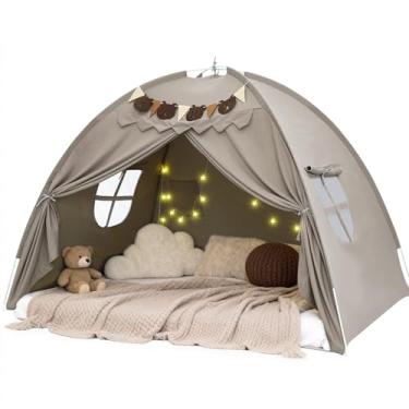 Imagem de Tenda para cama de casal, tenda de beliche com luzes de estrelas e bandeiras, respirável para dormir, casa de brincar de sonho espacial de privacidade para piso interno, presentes de aniversário