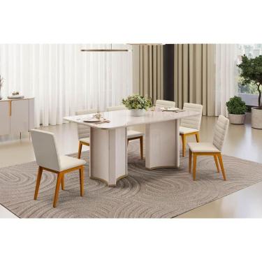 Imagem de Conjunto: Mesa de Cozinha Liz c/ Tampo Madeirado c/ Vidro Curvo 180x100cm e 6 Cadeiras Sofia Off White - Ipe/Linho Neve - DJ Móveis