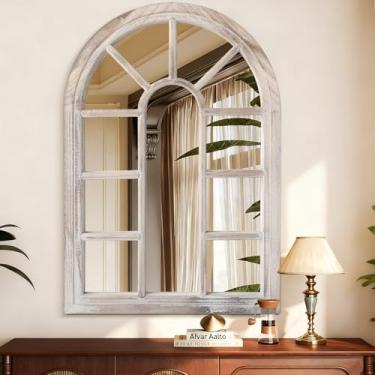 Imagem de Espelho de arco branco, espelho montado na parede, moldura de madeira, arte moderna, espelhos decorativos para sala de estar, quarto e entrada, decoração de casa 45 x 66 cm