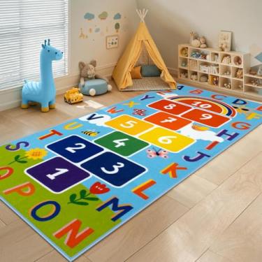 Imagem de STARUIA Tapete infantil lavável para sala de jogos, tapetes educativos coloridos para sala de aula com número ABC, tapete antiderrapante para crianças, para quarto de bebê, meninos e meninas (azul, 80