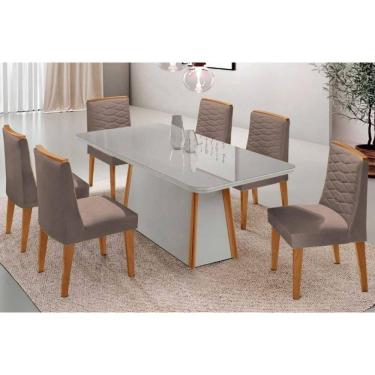 Imagem de Sala Jantar Mesa Tilia Curvo 180cm + 6 Cadeiras Maldivas Madeira Naturale/Off White - Capuccino/Linho Capuccino - Rufato