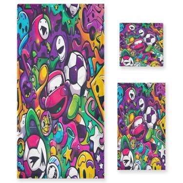 Imagem de xigua Conjunto de toalhas de banheiro graffiti absorvente macio 3 peças toalha de banho toalha de mão toalhas decorativas para banheiro, academia, hotel, praia, piscina