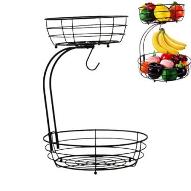Imagem de Cesta de frutas com gancho de banana, prateleira de bancada de cozinha de camada dupla, suporte de cesta de frutas | para pão de legumes, lanches, vegetais, mesa de jantar, restaurante, dormitório