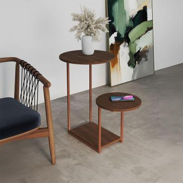 Imagem de Mesa Lateral Industrial Ferro Cobre Tampo Amêndoa Redondo