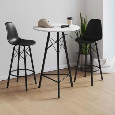 Imagem de Conjunto Mesa Bistrô Redonda Estrutura Em Ferro Preto Com Tampo Branco Com 2 Banquetas Eames Preta