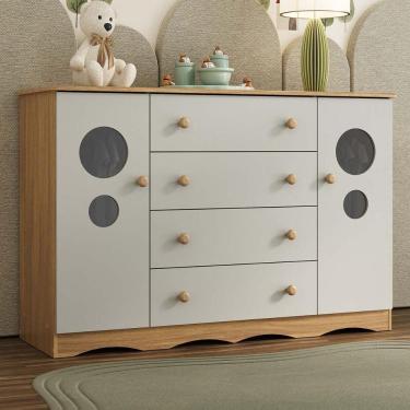 Imagem de Cômoda Infantil 125cm 2 Portas Com Vidro E 4 Gavetas Sonho Multimóveis MP4475 Madeirado-off White