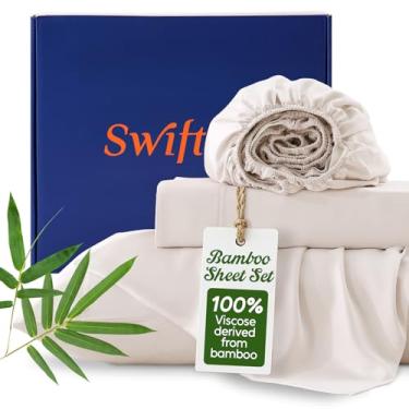 Imagem de Swiftify 100% viscose orgânica derivada de bambu, conjunto de lençóis Queen de 4 peças, lençóis ultra macios e luxuosamente refrescantes, bolso profundo para colchões de 40,6 cm, perfeito para quem