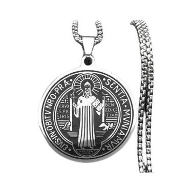 Imagem de Colar Com Pingente Medalhão De São Bento Preto Em Aço Inoxidável Joias