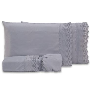 Imagem de Jogo De Cama Lençol King Sublime Bordado Inglês Percal 300 Fios Com Fronhas 04 Peças - Toque Acetinado Cor Cinza
