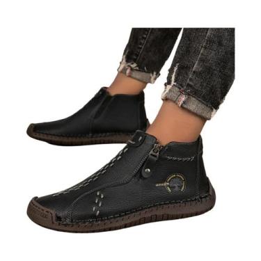 Imagem de Tênis De Couro Feitos À Mão Para Homens Com Zíper, Botas Casuais Plana