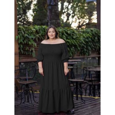 Imagem de Vestido Longo Plus Size Rodado Manga Princesa 3/4 Com Elástico Ajustáv