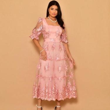 Imagem de Helena Vestido midi festa tule bordado manga curto 0115 - NoBrand, Ros