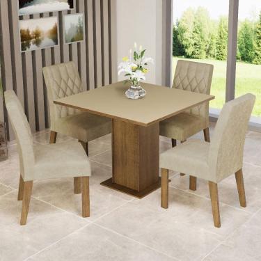 Imagem de Conjunto Sala de Jantar Livia 4 Lugares Tampo em MDP com Cadeiras Estofadas Suede Marrom Mesa 90x90