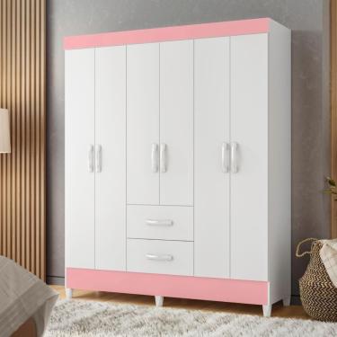 Imagem de Guarda Roupa Infantil Cancun 6 Portas 2 Gavetas MDP Branco Rosa Casa H