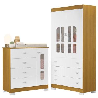 Imagem de Guarda Roupa e Cômoda Infantil New Katatau 2 Portas 3 Gavetas 100% MDF Branco Acetinado Savana Reller