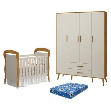 Imagem de Berço Americano Danny Com Colchão Ortobom E Guarda Roupa 4 Portas Isis Areia Savana Acetinado - Reller