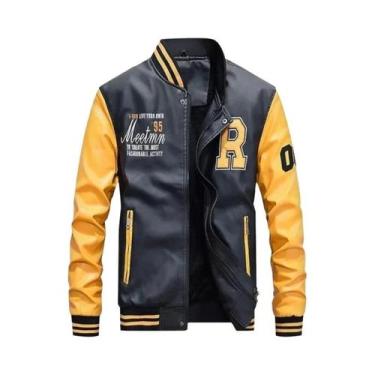 Imagem de Jaqueta Bomber Masculina Slim Fit De Couro Bordada, Casaco De Inverno 