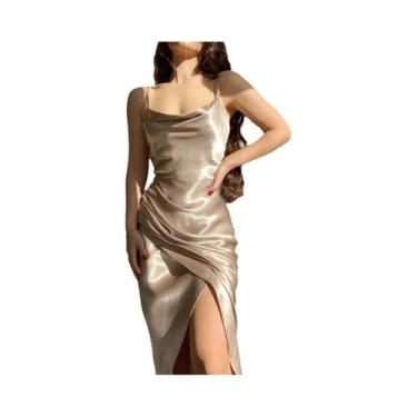 Imagem de Vestido Feminino De Cetim Decotado Com Alças, Estilo Europeu Americano