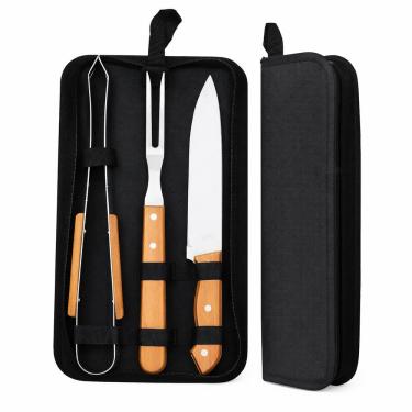 Imagem de Kit de Churrasco 3 Peças com Estojo Portátil em Aço Inox e Cabo de Madeira para Camping e Uso Doméstico Cheguei BR