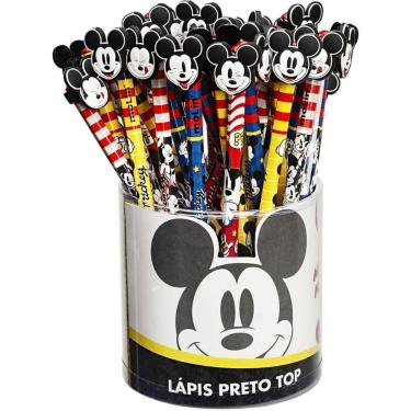 Imagem de Lápis Preto Molin do Brasil Mickey HB Redondo Decorado com Borracha Ponteira Pote com 36 Unidades