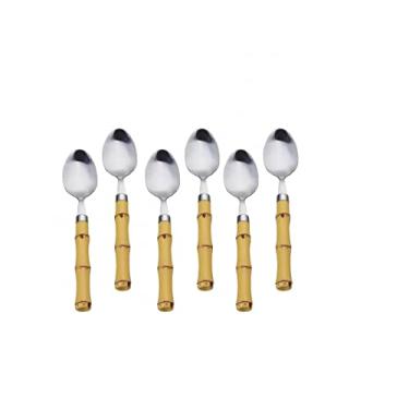 Imagem de Jogo 6 Colheres de Mesa com cabo Plástico Bambu Natural Talheres Aço Inox (7383)