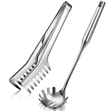 Imagem de Conjunto de 2 peças de espaguete de aço inoxidável, garfo de macarrão espaguete de aço inoxidável de 23,9 cm, colher de macarrão de 34,3 cm, colher resistente ao calor, colher de sopa para macarrão para cozinhar