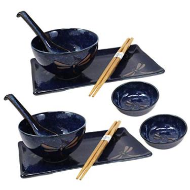 Imagem de Conjunto de 10 peças de louça japonesa de sushi de porcelana azul com libélula Tombo da Ebros para 2 pessoas com pares de pratos de sushi, tigelas de sopa e molho, palitos de bambu, colheres de sopa asiáticas, presente de boas-vindas