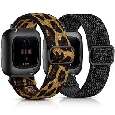 Imagem de Fuleda Pacote com 2 faixas elásticas compatíveis com Fitbit Versa 2/Fitbit Versa/Fitbit Versa Lite/Versa SE para mulheres e homens, pulseiras esportivas ajustáveis de nylon elástico