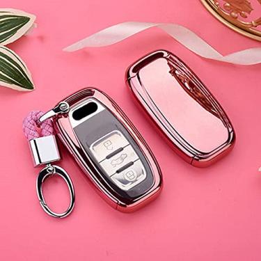Imagem de CSHU TPU Car Key Case Cover Chaveiro Ring Key Bag, apto para Audi A1 A3 A4 A5 A6 A7 A8 Quattro Q3 Q5 Q7 2009 2010 2011 2012 2013 2014 2015, rosa com chaveiro