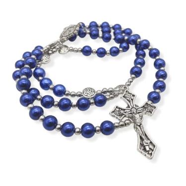 Imagem de Nazareth Store Colar católico com rosário de contas de pérola azul com crucifixo de medalha milagrosa crucifixo prateado em saco de veludo, Vidro, Sem pedras preciosas